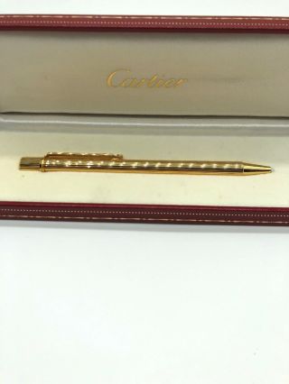 Authentic Cartier Must De Ballpoint Pen Pinstriped Gold B1233