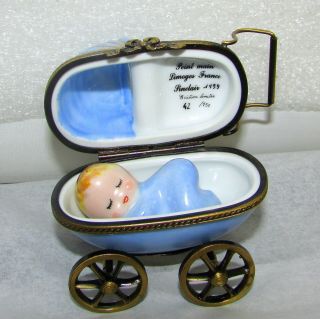 Limoges France Box Blue Baby Carriage & Sleeping Baby Boy Pram Stroller Ltd.  Ed.