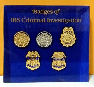 5 Irs Revenue Service Criminal Investigation Mini Badges Mounted In Lucite