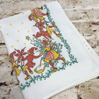 Vintage Swedish Tablecloth Topper Jul Christmas Dancing Children Tree Poinsettia