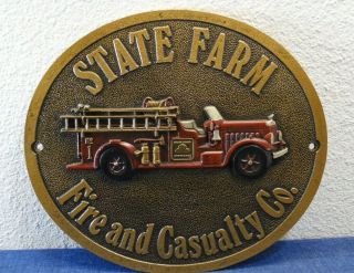 State Farm Fire & Casualty Co.  Insurance Cast Metal W/ Fire Truck Sign Plaque
