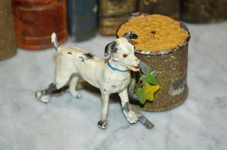 Antique German Cast Iron Porcelain Inkwell Inkpot Dog And Tree Trunk