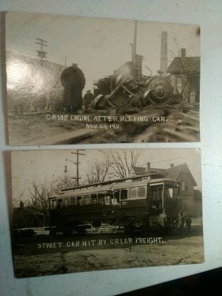 2 Old Real Photo Postcard Train And Streetcar Wreck,  1911 Peoria Illinois