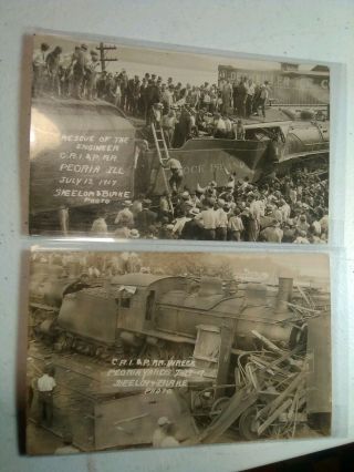 2 Old Real Photo Postcard 1917 Train Wreck Rescue Of Engineer Peoria Illinois