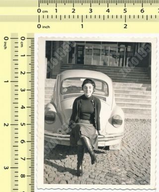 Woman Sitting On Back Bumper Lady Vw Volkswagen Beetle Car Old Photo