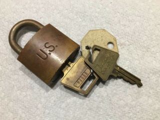 Vintage American Lock Co.  Brass Padlock Marked U.  S.  With 2 Keys