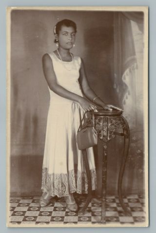 Black Flapper Woman Rppc African - American Girl Studio Dress Pearls 30s