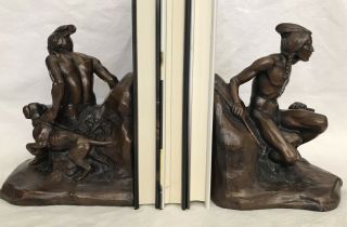 Old Bronze Metal Native American Indian W/ His Dog Bookends Rare Find S&h