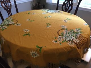 VTG Hand Painted Round Tablecloth 64 1/2 Including Fringe Baskets of Daisies 2