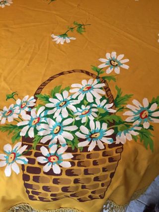 VTG Hand Painted Round Tablecloth 64 1/2 Including Fringe Baskets of Daisies 4