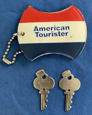 Vintage American Tourister Luggage Tag & 2 Smiling Bellhop Metal Keys Travel