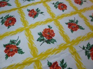 Vintage Poppies Wheat Printed 1950 - 60’s Mid Century Tablecloth 48 X 47 " Cotton