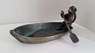 Vintage Cast Bronze/brass Monkey Rowing In Sail Boat Novelty Dish