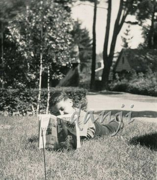 Boy Lying On The Grass Reading A 10c " Shadow " Comic Book 1940 Photo