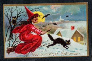 E123 Postcard Halloween Flying Witch In Red With Black Cat And Bats