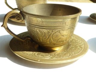 Vintage 4 Brass Tea Cups W/ Saucers - Etched Floral Tulip Motif