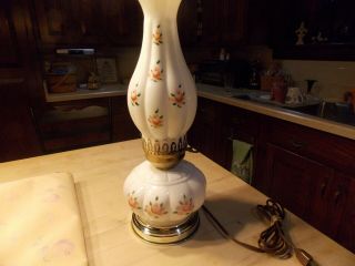 Vintage Milk Glass Hand Painted Lamp With Chimney In Rose Pattern