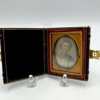 Antique Daguerreotype Of Young Man Big Hair Monogrammed Leather Case 1/9 Plate