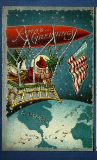 Santa Embossed,  Gilded Pc/ Santa In Airship/binoculars/us Flag/toys/world/boats