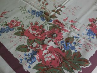 Vintage Print Tablecloth Blue Coral & Brown Flowers 53 X 46 " Cotton Or Linen