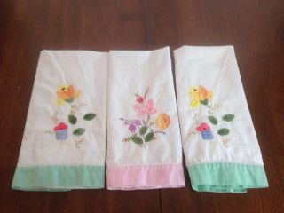 Vtg Finger Hand Towels Pastel Floral Pink Green Blue Orange Embroidered Dainty 3