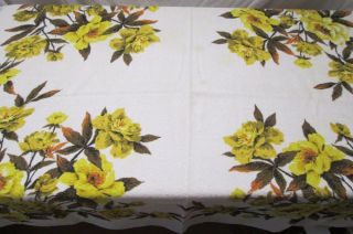 Vintage Terry Cloth Tablecloth Square 51 " X 46.  " Yellow & Brown Floral Flowers