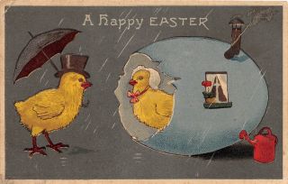 C36/ Easter Greetings Holiday Postcard C1910 Dressed Chick Umbrella Egg House 7