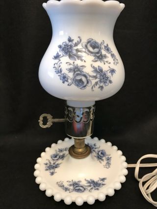Vtg Hurricane Lamp White Milk Glass Hobnail Trim Blue Floral Design