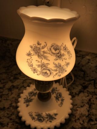 Vtg HURRICANE Lamp WHITE MILK GLASS HOBNAIL TRIM Blue FLORAL Design 3