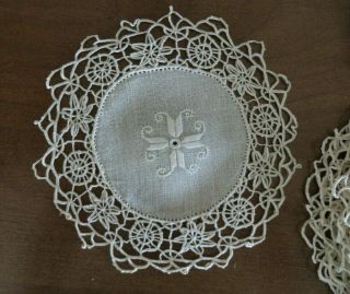 Set Of 12 Vintage Embroidered Linen Coasters Needle Lace Edges