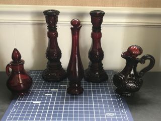 Avon Ruby Red Glass Candle Sticks Holders - Bud Vase - Cruit & More