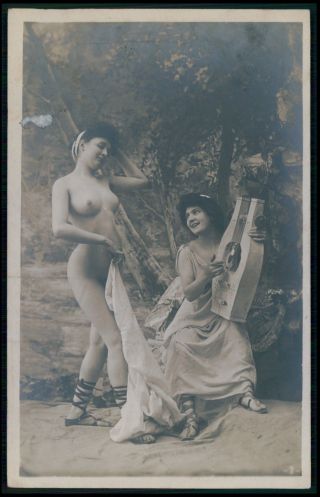 French Nude Woman Antique Music & Dance Early 1900s Photo Postcard