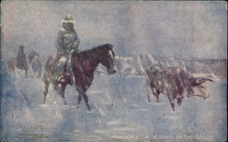 Western Americana Art Postcard Fw Schultz Cowboy Horse Cattle Blizzard C1910