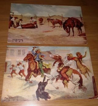 2 Vintage Horse Art Postcards F.  W.  Schultz 1907 Cowboy Western Life Roping Bull