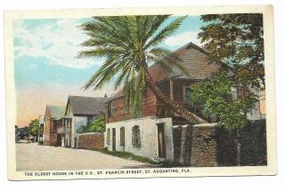Vintage Florida Linen Postcard Oldest House St Augustine Francis Palm Tree