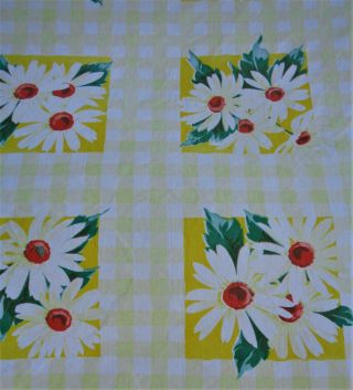 Vtg Cotton Tablecloth Yellow Floral Sun Flower Daisy Checked Print - Euc