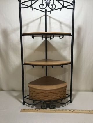 Longaberger Wrought Iron Corner Stand W/ 2 Maple Shelves & Corner Basket W/ Lid