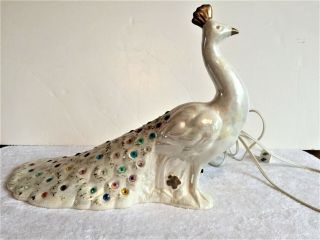 Mid Century Modern Ceramic Peacock Tv Lamp - - Off White With Multi Colored Jewels