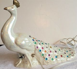 Mid Century Modern Ceramic Peacock TV Lamp - - Off White with Multi Colored Jewels 5