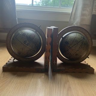 Vintage Wooden Globe Bookends Spinning Globe