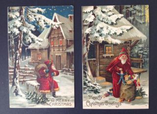 Vintage Santa Postcards (2) Red Suits,  Snow Covered Trees,  Illuminated Homes