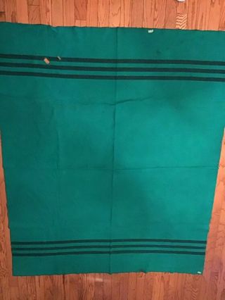 Vintage Wool Blanket Green With Three Black Stripes Each End 82” X 69”