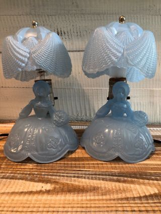 Pair Set 2 Vintage Mcm Southern Belle Girls Blue Glass Boudoir Lamps Shell Shade