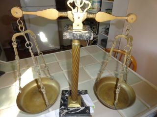 Vintage Antique Brass Justice Balance Scales Marble Base
