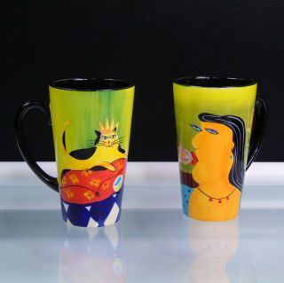 Mary Naylor Designs 2 Art Coffee Tea Mugs Cat King Women W Fruit Hand Painted