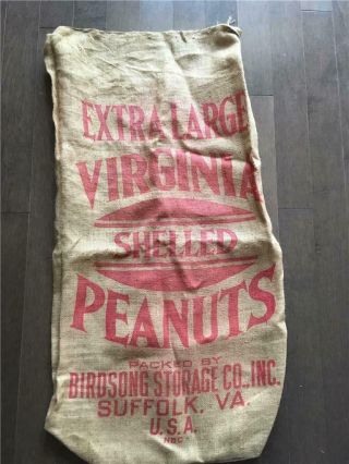 Vintage Burlap Bag Sack X - Large Virginia Shelled Peanuts Birdsong Advertising