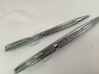 Waterman Cf Rare Silver Moire Fountain Pen 18k & Ballpoint Pen Set C1950s (fhc)