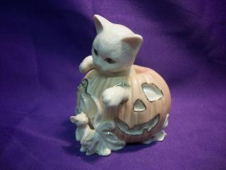 Lenox 2000 Kitten Cat In Pumpkin Porcelain Figurine Halloween Jack - O - Lantern