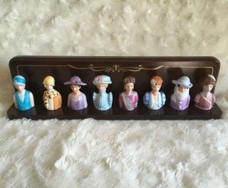 Vintage Avon Fashion Lady Thimbles With Wood Display Rack Set 8 Complete