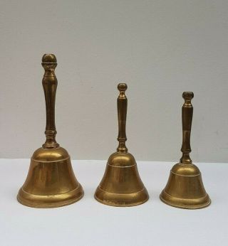 Three Small Vintage Or Antique Brass Hand Bells (5½ ",  4½ " & 4¼ ")